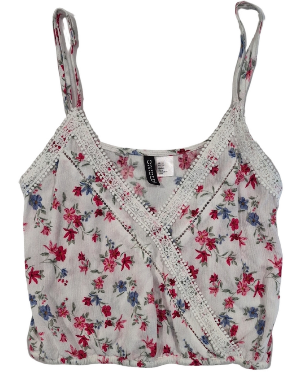 Divided By H&M White Floral Lace-Trim Wrap Cami